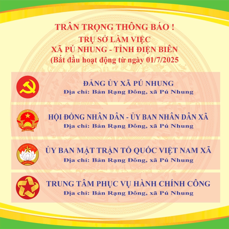 THÔNG BÁO TRỤ SỞ LÀM VIỆC CỦA ĐẢNG UỶ-HĐND-UBND-UBMTTQ VIỆT NAM XÃ PÚ NHUNG