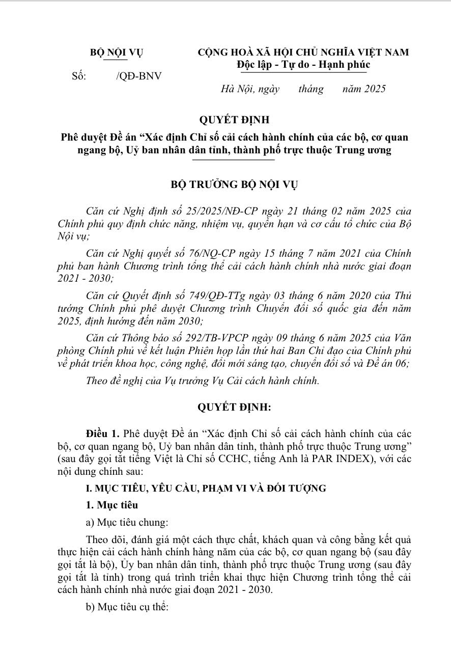 Bộ Nội vụ ban hành Quyết định phê duyệt Đề án “Xác định Chỉ số cải cách hành chính của các bộ, cơ quan ngang bộ, Uỷ ban nhân dân tỉnh, thành phố trực thuộc Trung ương”